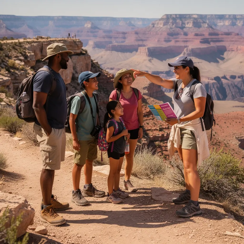 Fotografia grupy turystów z mapą, omawiających plan zwiedzania z lokalnym przewodnikiem.