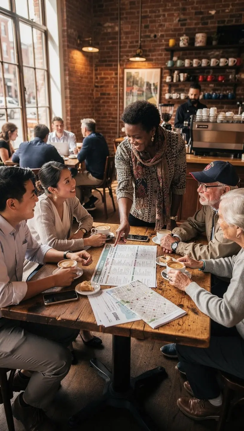 Przewodnik lokalny prowadzący grupę turystów przez malowniczą uliczkę w mieście.