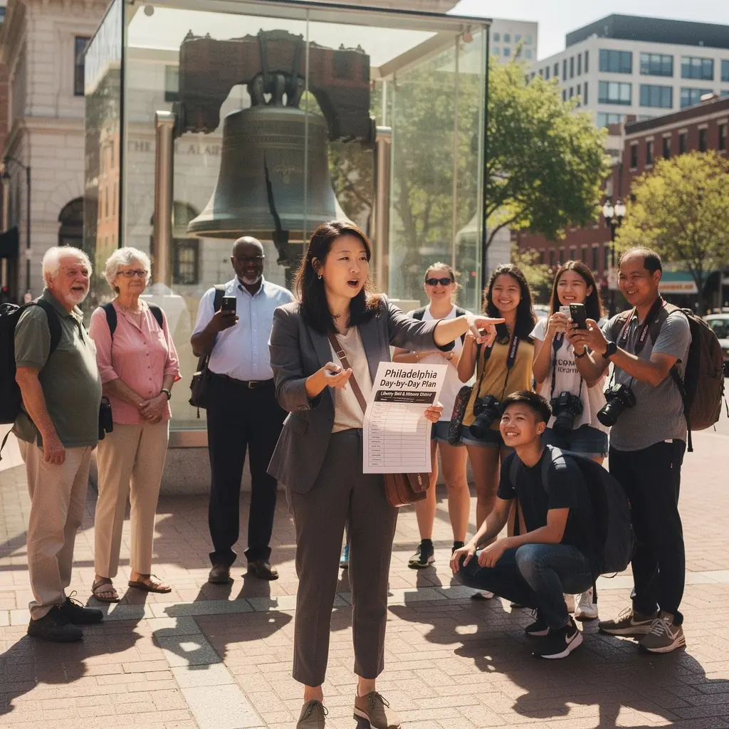 Lokalny przewodnik pokazujący grupie turystów atrakcje w mieście.