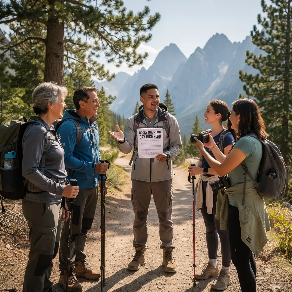 Grupa turystów słuchająca opowieści przewodnika w parku.