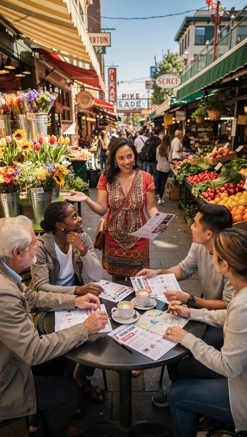 Uczestnicy wycieczki przeglądający broszurę z planem dnia i miejscami spotkań.