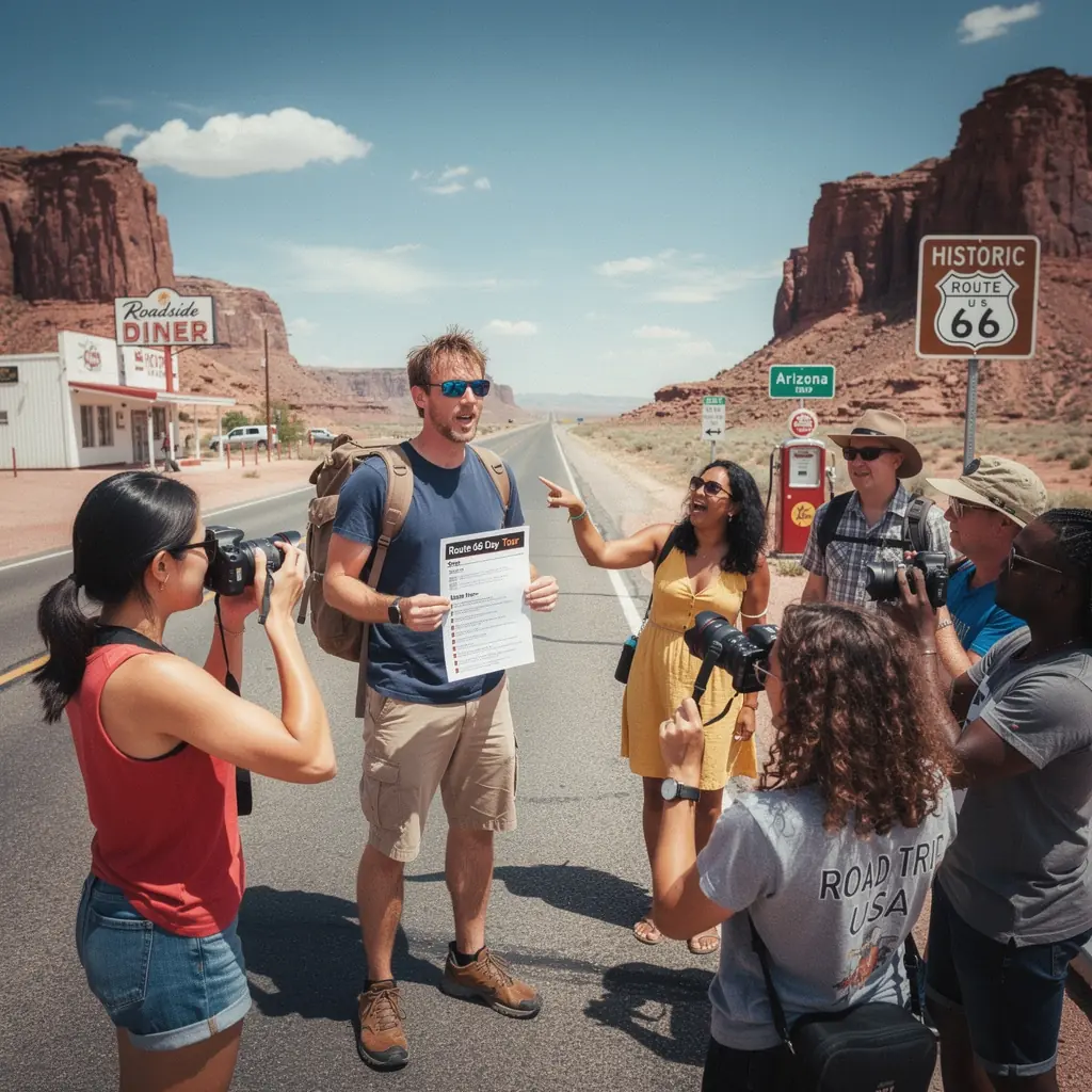 Ilustracja przedstawiająca szczegółowy plan podróży z oznaczonymi punktami spotkań dla turystów.