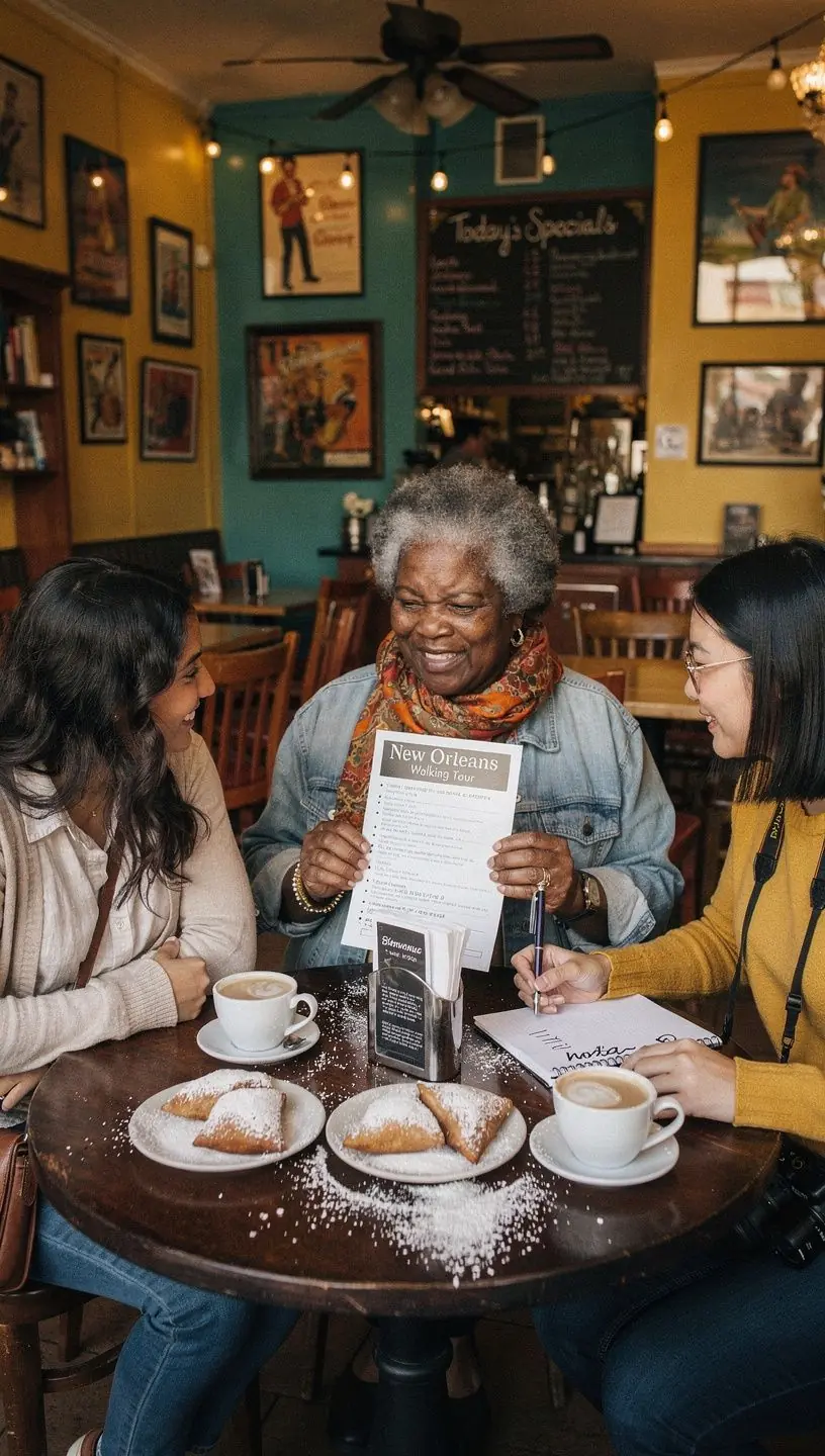 Turysta z mapą, rozmawiający z przewodnikiem przed znanym zabytkiem.