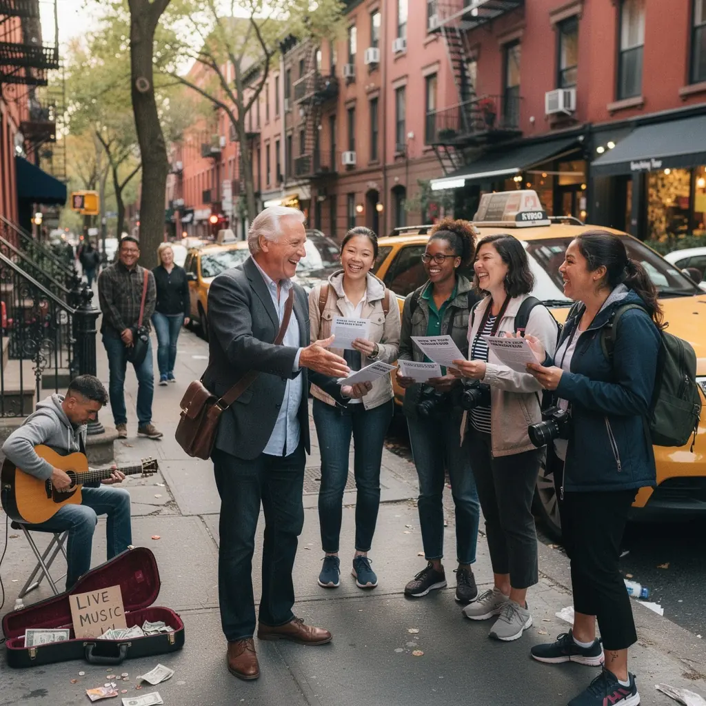 Ilustracja przedstawiająca mapę z trasami wycieczek i punktami spotkań w popularnych atrakcjach turystycznych.